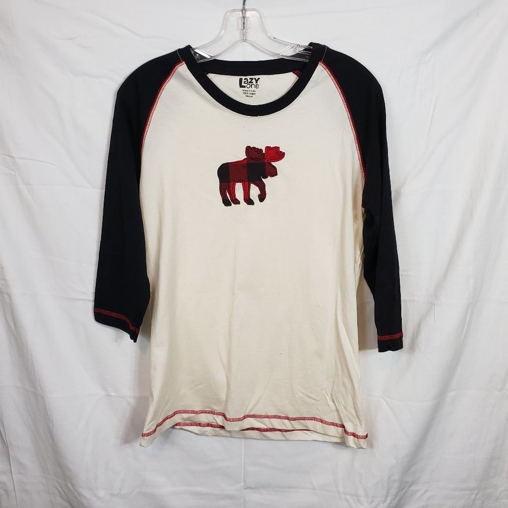 Lazy One Size M 8-10 Red Cream Plaid Moose Pajama Tee Top Shirt 3/4 Sleeve #1074